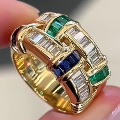 Baguette Cut Emerald & Blue & White Sapphire Basket Weave Ring