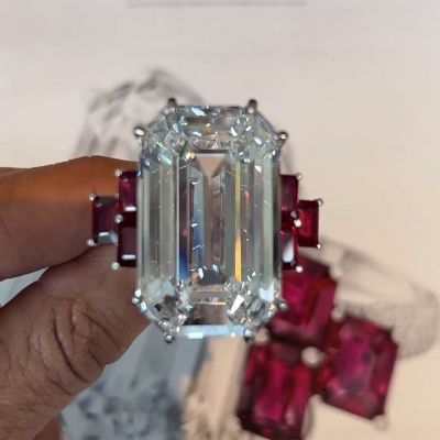 30ct Emerald Cut White Sapphire Set with Ruby Side Stones Luxury Handmade Ring