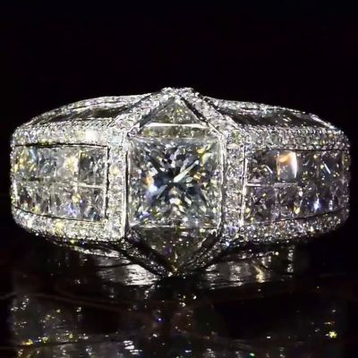 6.5ct Princess & Trillion Cut White Sapphire Pave Set Handmade Engagement Ring