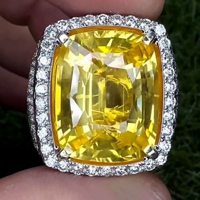 24.4ct Cushion Cut Yellow Sapphire Halo Pave Set Handmade Men's Ring