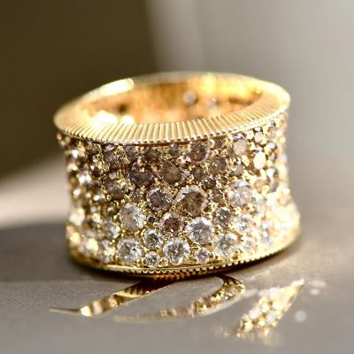 Round Cut White Sapphire &  Champagne Yellow Gold Handmade Wide Ring