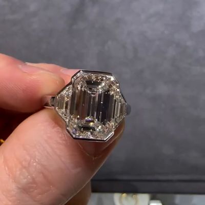 10ct Emerald Cut White Sapphire Three Stone Engagement Ring