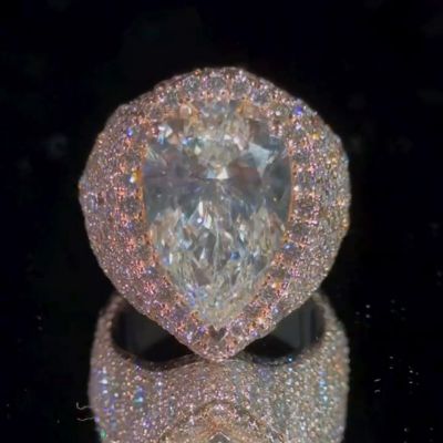 7ct Pear Cut White Sapphire Halo Pave Set Rose Gold Men's Ring