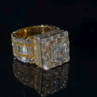 5ct Radiant Cut With 13ct Side Stones White Sapphire Yellow Gold Men's Ring