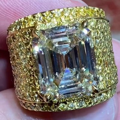 10ct Emerald Cut White Sapphire Pave Set Handmade Men's Wide Ring