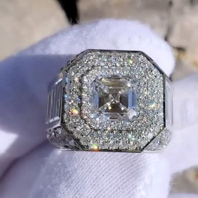 2ct Asscher Cut With 7.5ct Side Stones White Sapphire Handmade Men's Ring