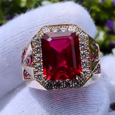 6.5ct Emerald Cut Ruby Halo Handmade Yellow Gold Men's Ring