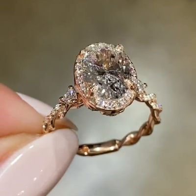 2.5ct Oval Cut White Sapphire Halo Ivy Band Design Rose Gold Vintage Handmade Engagement Ring