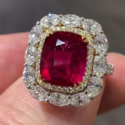 6.5ct Cushion Cut Ruby Halo Two-Tone Handmade Engagement Ring