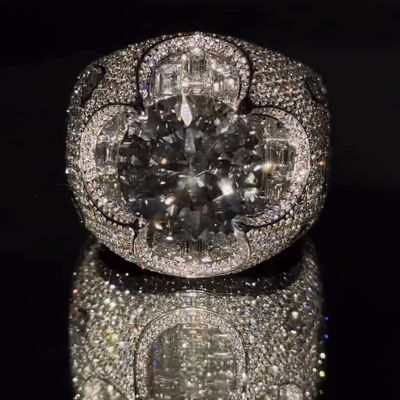 6.5ct Round Cut White Sapphire Pave Set Unique Design Luxury Handmade Men's Ring