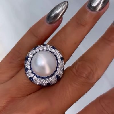 Cherished Pearl With Blue and White Sapphires Luxury Handmade Ring