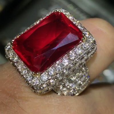 10ct Radiant Cut Ruby Halo Pave Set Sterling Silver Handmade Men's Ring