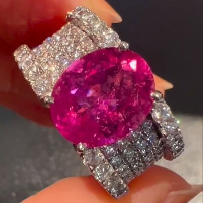 3.2ct Oval Cut Pink Tourmaline Full Pave Set Handmade Sterling Silver Engagement Ring