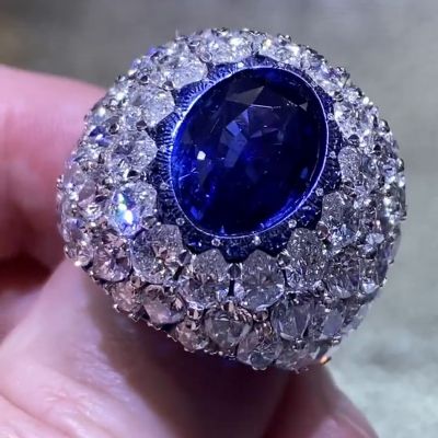 5ct Oval Cut Blue Sapphire Full Set Bomb Handmade Cocktail Ring