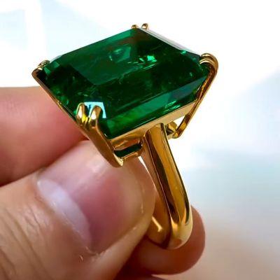 12ct Asscher Cut Emerald Green Yellow Gold Simple Handmade Men's Ring