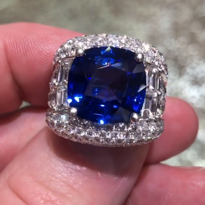 20ctw Cushion Cut Royal Blue Sapphire Center Stone Half Set Handmade Men's Ring