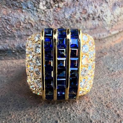 6.5ctw Square Step Cut Blue Sapphire Tree-Row Unique Design Pave Set White Sapphires Yellow Gold Men's Ring