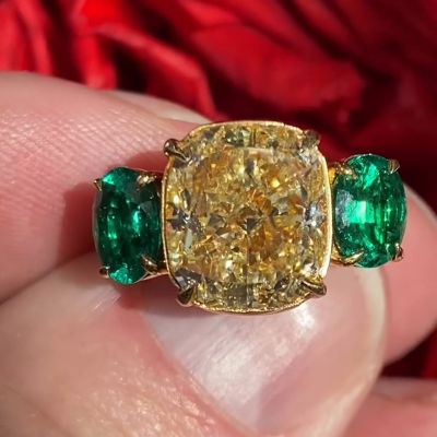 5ct Cushion Cut Yellow Sapphire Flanked By 2 Oval Cut Emeralds Yellow Gold Handmade Engagement Ring