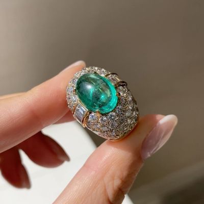 5.8ct Cabochon Cut Emerald Green With Round & Baguette Cut Side Stones Handmade Vintage Ring