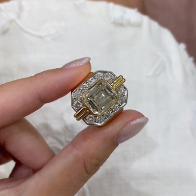 4.5ct Emerald Cut Surrounded By Round Cut White Sapphires Two-Tone Handmade Chunky Engagement Ring