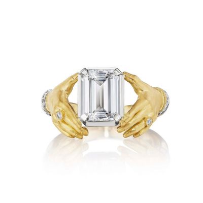 6ct Emerald Cut White Sapphire Bezel Set Adorned Hands Yellow Gold Handmade Vintage Promise Ring