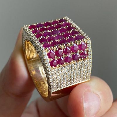 5-Row Round Cut Ruby Pave Set Yellow Gold Handmade Men's Ring