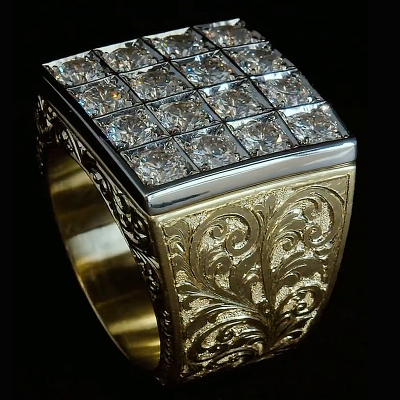 16 Round Cut White Sapphire Vintage Vibe Two-Tone Handmade Men's Ring