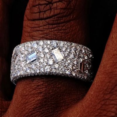 10ctw Emerald Cut White Sapphire Pave Set Handmade Men's Band Ring