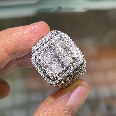 12ct Radiant Cut White Sapphire Pave Set Handmade Men's Ring