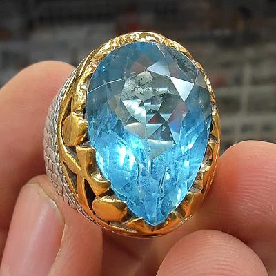 12ct Pear Cut Aquamarine Two-Tone Vintage Handmade Men's Ring