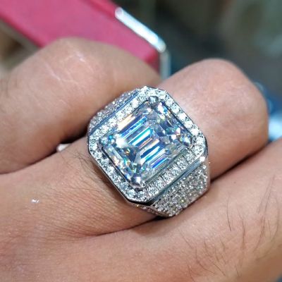 10ct Emerald Cut White Sapphire Halo Pave Set Handmade Men's Ring