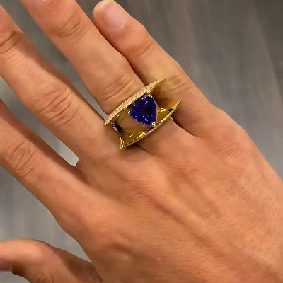 4ct Trillion Cut Blue Sapphire Unique Designed Yellow Gold Handmade Unisex Ring