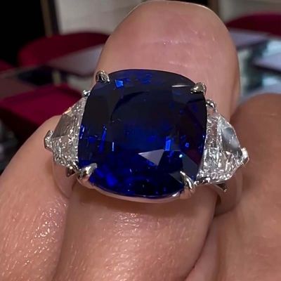 10ct Asscher cut blue sapphire with two side stones sterling silver ring