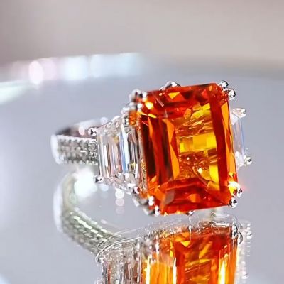 9.88ct Emerald Cut Amber Diamond Sterling Silver Wedding Ring