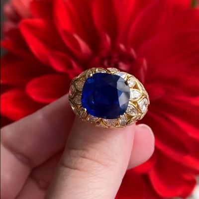 8ct Flemish cut sapphire handmade sterling silver plated yellow gold wedding ring