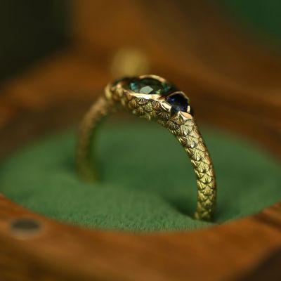 3ct Round Cut Green Diamond Dragon Scale Engraving Handmade Sterling Silver Plated Yellow Gold Ring