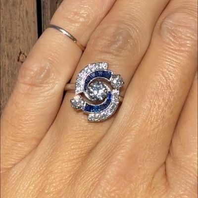 3.5ct Round Cut Diamond and Sapphire Hurricane Eye Sterling Silver Handmade Wedding Ring