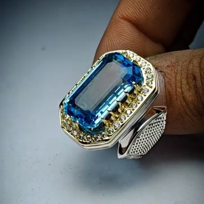 26ct cushion cut sapphire sterling silver handmade luxury men's ring