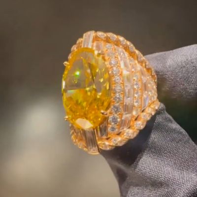 36ctw oval cut citrine and diamond inlaid sterling silver plated rose gold handmade ring