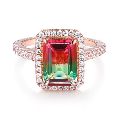 Sterling Silver Delicate Halo Emerald Cut Watermelon Engagement Ring