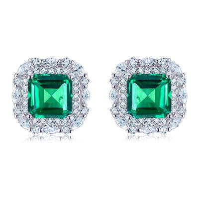 Sterling Silver Unique Double Halo Emerald Cut Stud Earrings