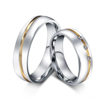 Titanium Steel Delicate Two Tone Design Round Cut Couple Wedding Band Set