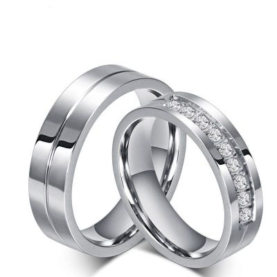 Titanium Steel Classic Eternity Round Cut Couple Wedding Band Set