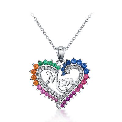 Sterling Silver I Love Mom Multi Color Halo Round Cut Necklace