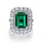 Sterling Silver Exquisite Double Halo Emerald With Round Cut Engagement Ring