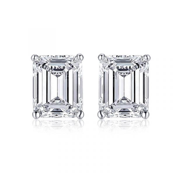 Sterling Silver Exquisite Hidden Halo Emerald Cut Stud Earrings