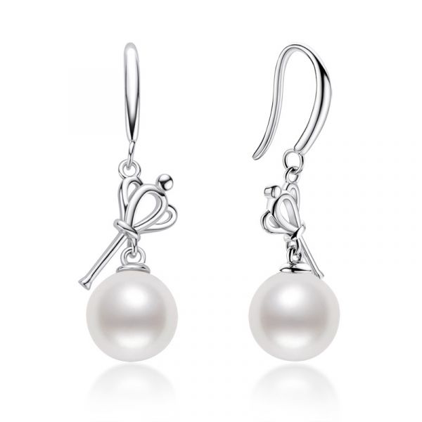 Sterling Silver Unique Round Cut Pearl Drop Earrings