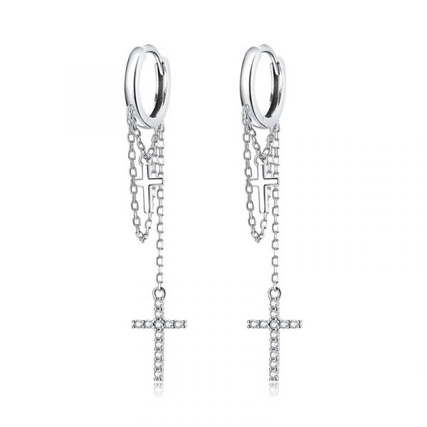 Sterling Silver Delicate Cross Design Round Cut Drop Earrings