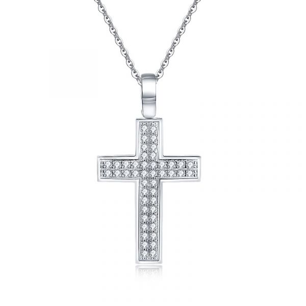 Sterling Silver Simple Cross Design Round Cut Necklace