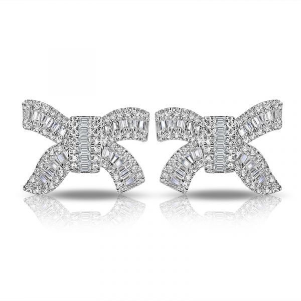 Sterling Silver Classic Bowknot Inspired Baguette And Round Cut Stud Earrings